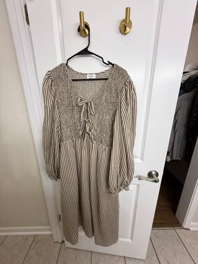 Smocked Tie-Front Long Sleeve Midi Dress in Beige Stripe